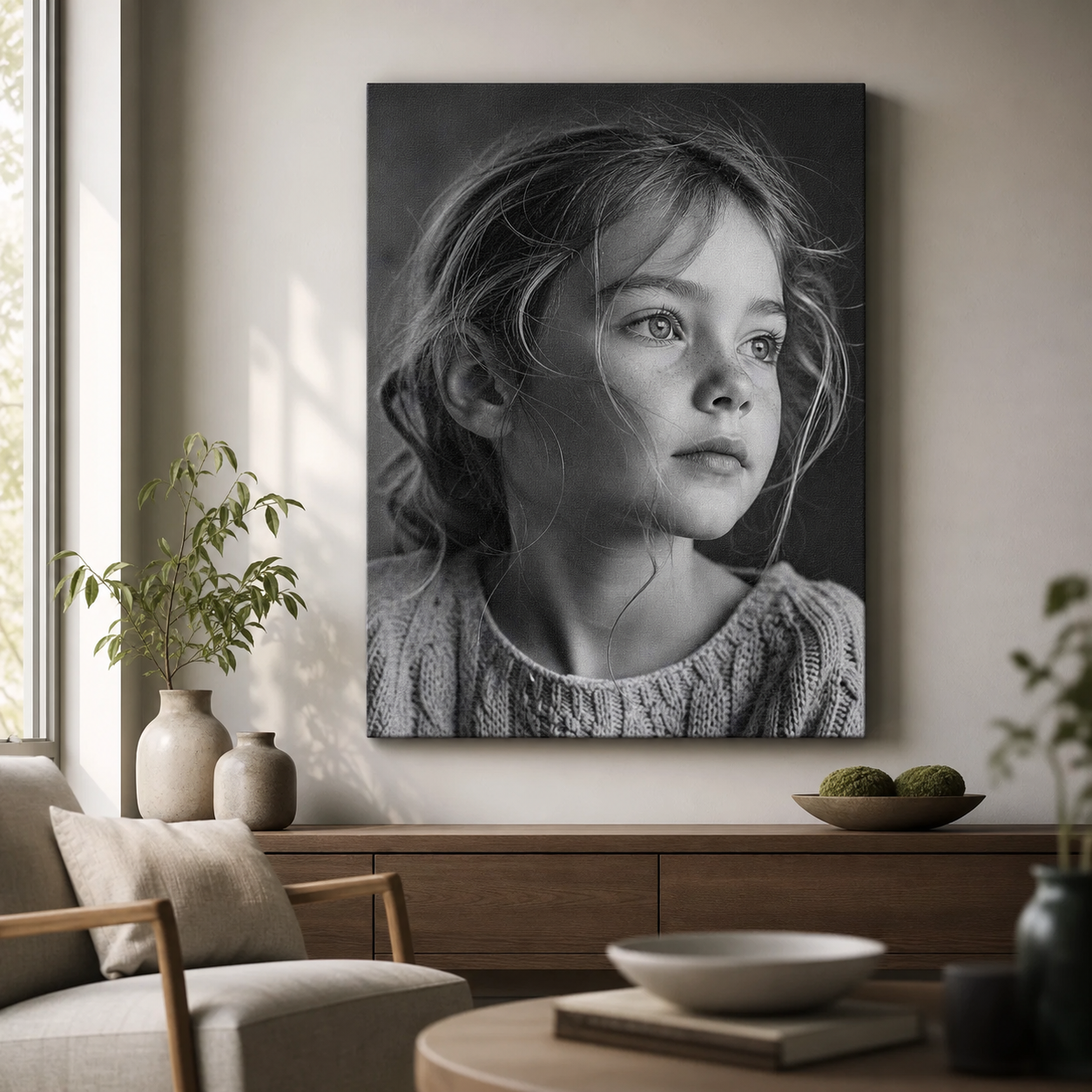 Black and white portrait canvas print created with AI photo editing