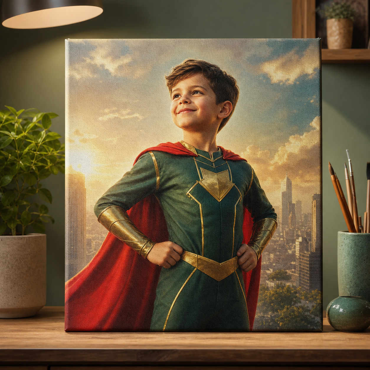 Custom AI prompt transforming a boy into superhero canvas artwork