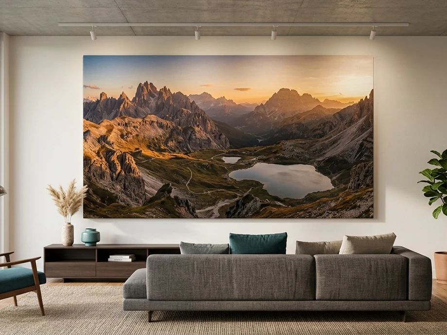 Above a sofa or bed canvas print displayed in a modern living room