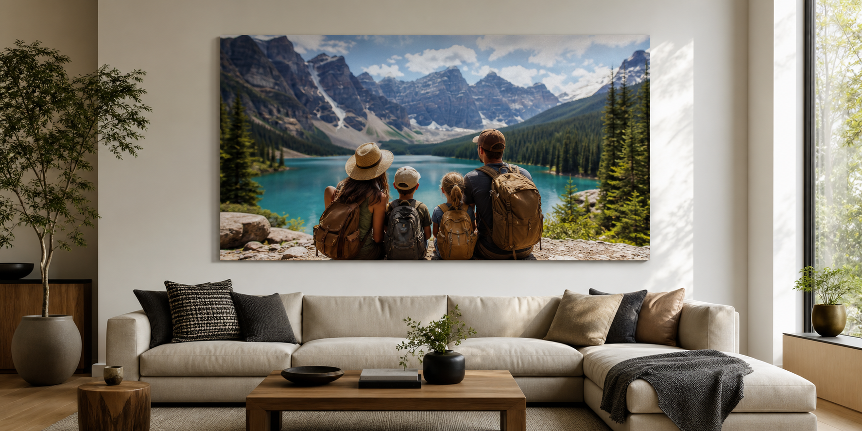 Oversized canvas print displayed above a sofa in a modern living room